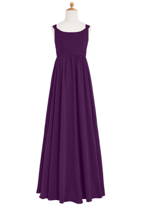 Scoop Neck Purple Pleated Chiffon Long Junior Bridesmaid Dress